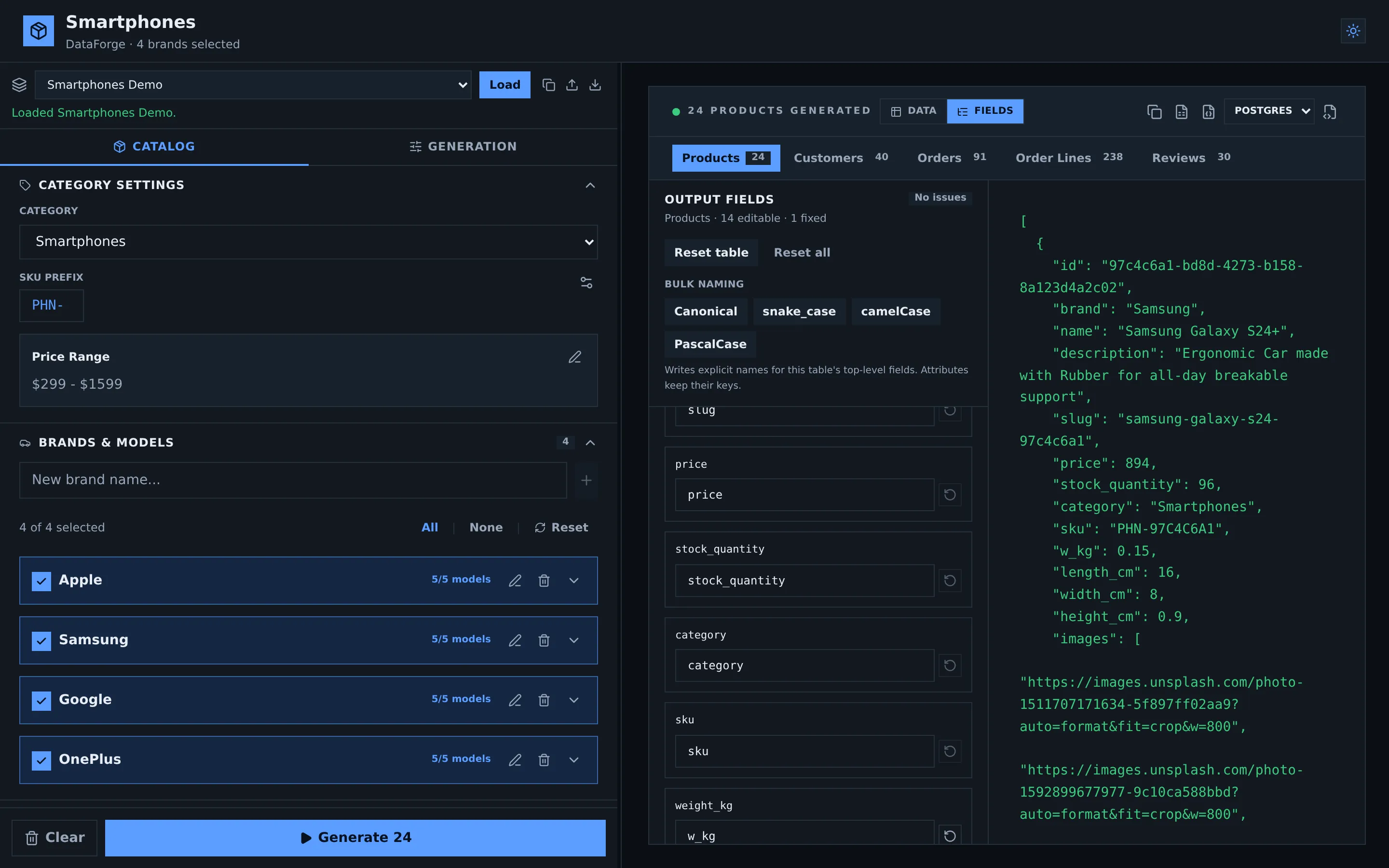 DataForge dark theme showing the smartphone configuration and output field mapping interface.