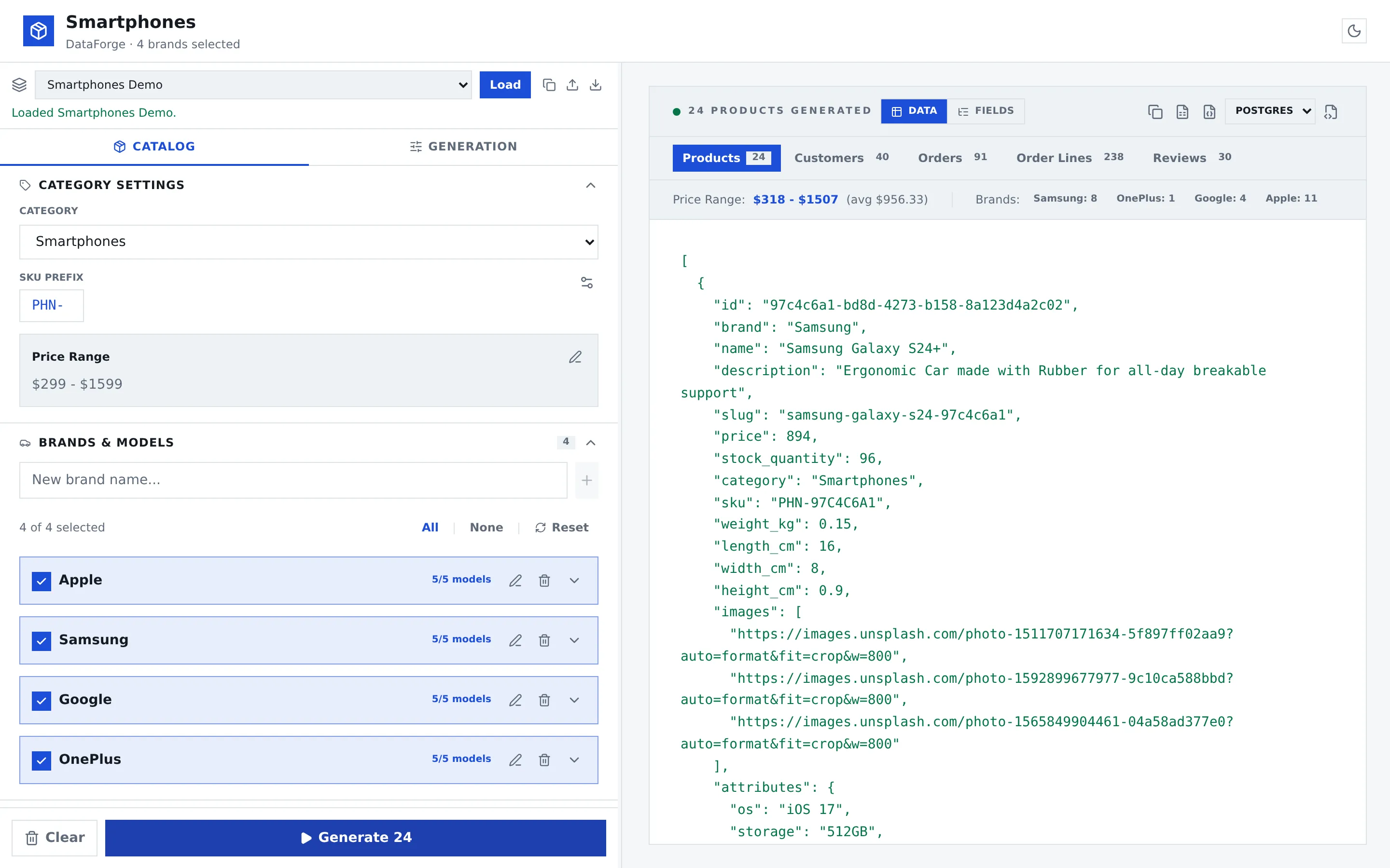 DataForge light workspace with smartphone catalogue controls beside generated product JSON and tabs for five related tables.